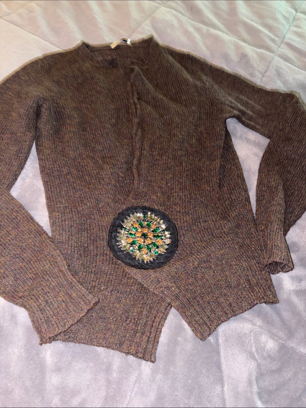 Authentic Prada Brown Crewneck Sweater with Jeweled Medallion